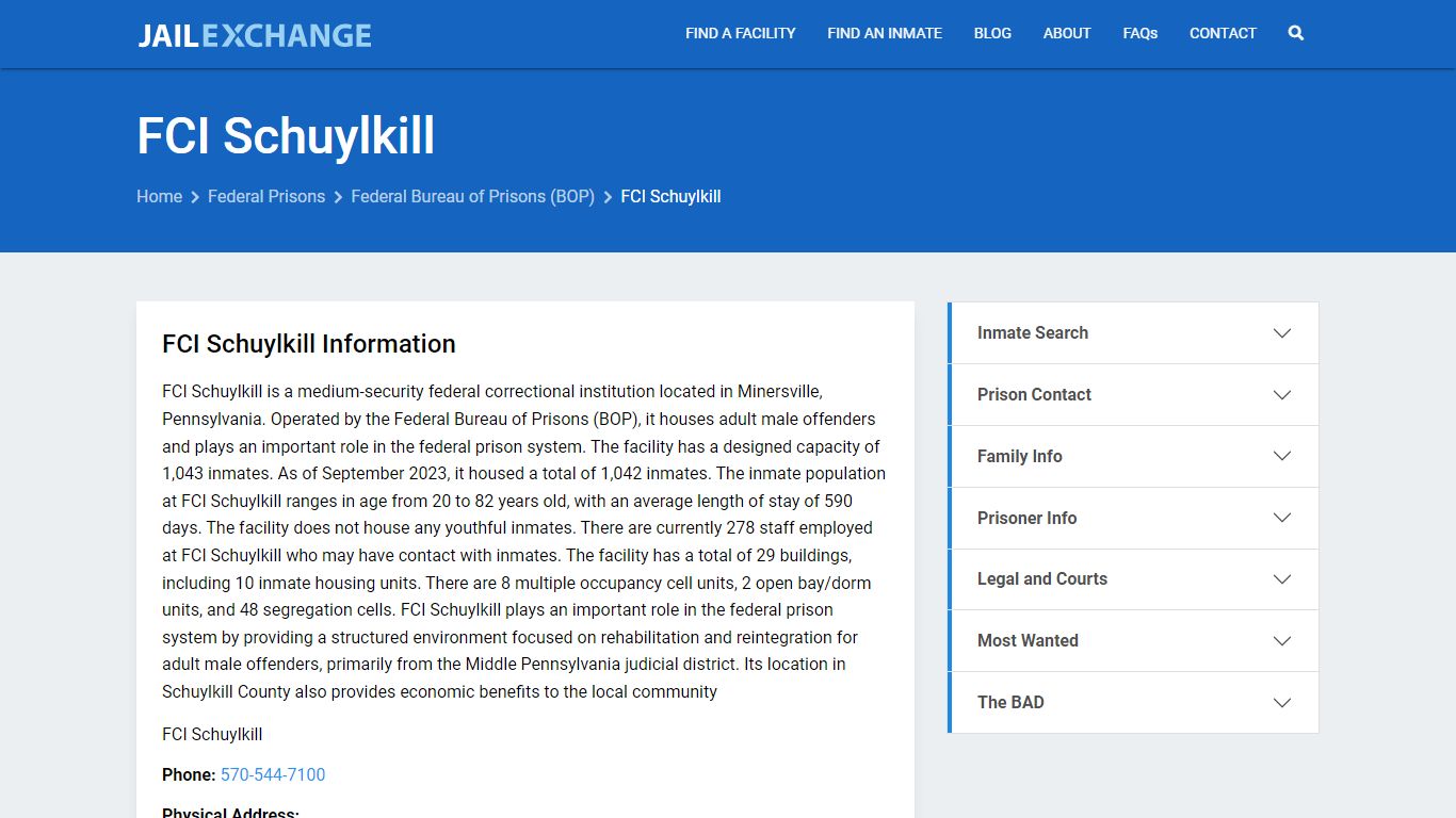 Federal Inmate Search - FCI Schuylkill - Jail Exchange